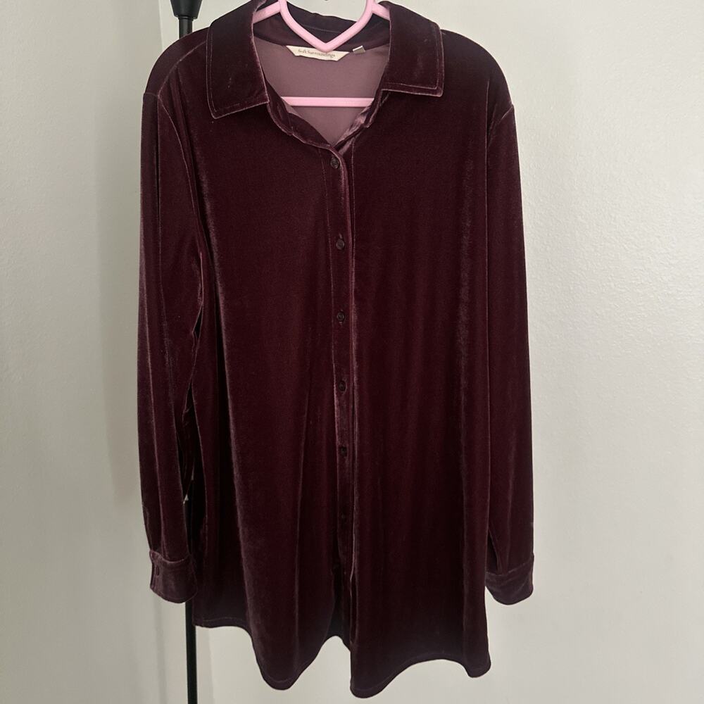 Soft Surroundings Womens Button up Purple Velvet Boyfriend Tunic Shirt SZ medium